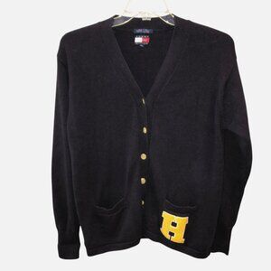 Tommy Hilfiger Mens Medium Black Cardigan Chenille Letter Sweater Size M